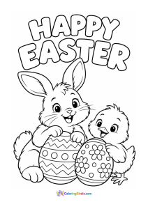 Happy easter from chick and bunny coloring page