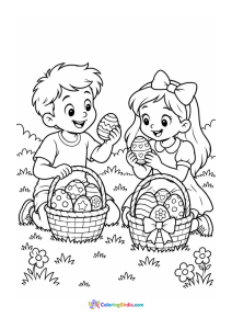 Children comparing their easter baskets coloring page