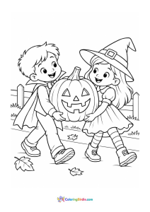 Halloween coloring page featuring a child carrying a pumpkin home
