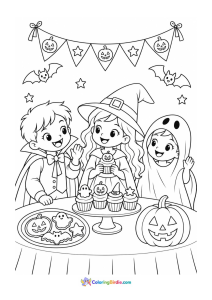 Halloween coloring page featuring children at a Halloween party