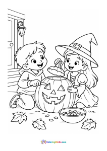 Halloween coloring page featuring children carving a jack-o'-lantern