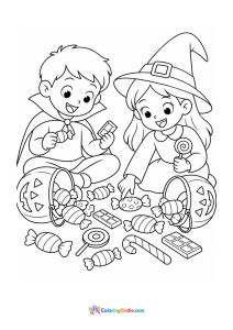 Halloween coloring page featuring children checking their Halloween candy collection
