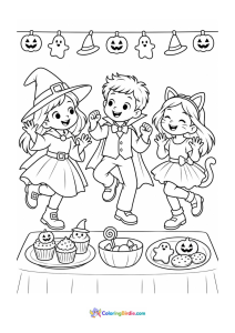 Halloween coloring page featuring children enjoying a Halloween party