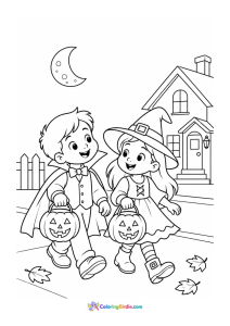 Halloween coloring page featuring children trick-or-treating with candy buckets