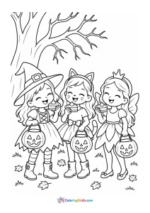 Halloween coloring page featuring girls enjoying pie on Halloween