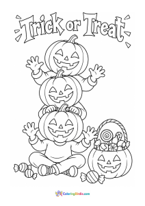 Halloween coloring page featuring three pumpkin-costumed children trick-or-treating