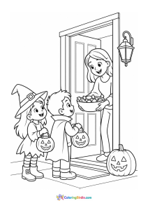 Halloween coloring page featuring children trick-or-treating at a door