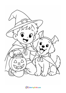 Halloween coloring page featuring a boy and puppy dressed for Halloween