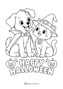 Halloween coloring page featuring a cat and puppy dressed for Halloween