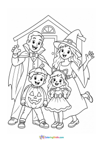 Halloween coloring page featuring a family ready for a Halloween party