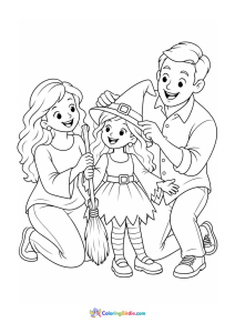 Halloween coloring page featuring parents getting their daughter ready for Halloween