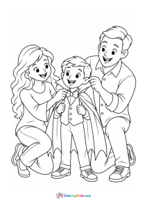 Halloween coloring page featuring parents getting their son ready for Halloween