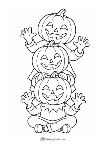 Halloween coloring page featuring three children dressed as pumpkins