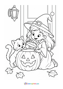 Halloween coloring page featuring a little witch with a cat and pumpkin