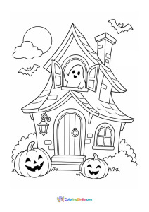 Halloween coloring page featuring a cute haunted house