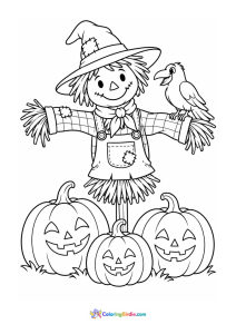 Halloween coloring page featuring a scarecrow and pumpkins