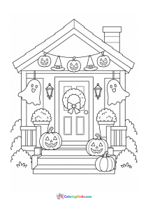 Halloween coloring page featuring a house decorated for Halloween