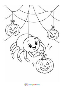 Halloween coloring page featuring a spider decorating its web with pumpkins