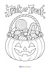 Halloween coloring page featuring a pumpkin trick-or-treat candy basket