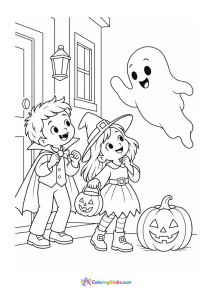 Halloween coloring page featuring children meeting a friendly ghost