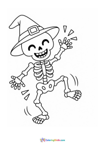 Halloween coloring page featuring a dancing skeleton wearing a witch hat