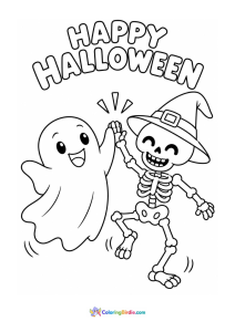 Halloween coloring page featuring a ghost and skeleton sharing a high five