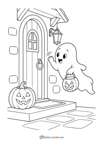 Halloween coloring page featuring a ghost trick-or-treating at a door