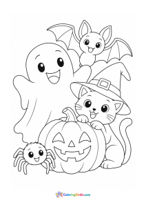 Halloween coloring page featuring a group of cute Halloween characters