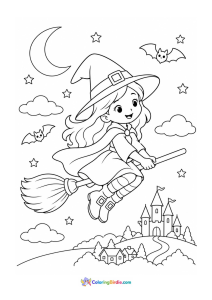 Halloween coloring page featuring a little witch flying on a broom