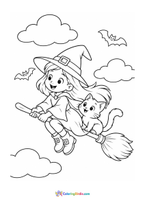 Halloween coloring page featuring a little witch and cat flying on a broom