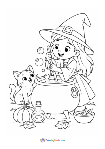 Halloween coloring page featuring a little witch making a potion