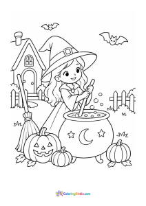 Halloween coloring page featuring a little witch with a cauldron