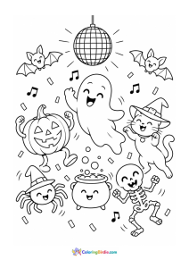 Halloween coloring page featuring spooky friends celebrating at a party