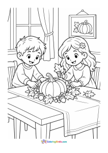 Children decorating the thanksgiving table coloring page
