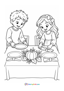 Children setting the thanksgiving table coloring page
