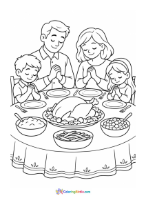 Family giving thanks before dinner coloring page