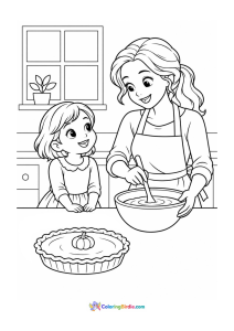 Mom and daughter baking pumpkin pie for thanksgiving coloring page