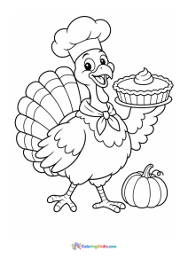 Chef turkey carrying thanksgiving pumpkin pie coloring page
