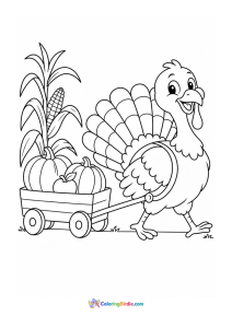 Turkey pulling a pumpkin wagon thanksgiving coloring page