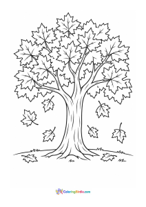 Fall tree with falling leaves coloring page