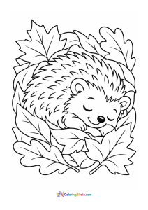 Hedgehog nesting among dry leaves fall coloring page