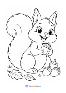 Squirrel beside a pile of acorns fall coloring page