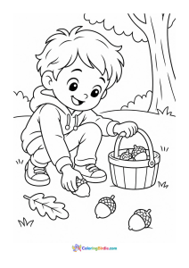 Child picking acorns fall coloring page