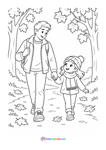 Father and daughter walking through fall forest coloring page
