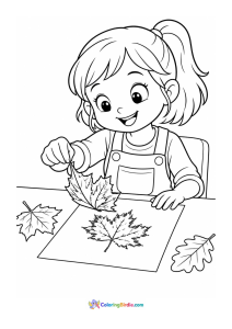 Girl making leaf print art fall coloring page