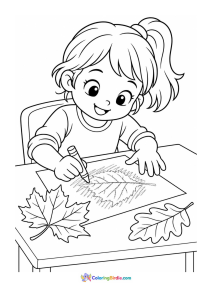 Girl making leaf rubbing art fall coloring page
