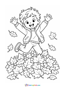 Happy child jumping in a pile of leaves fall coloring page