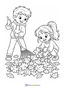 Kids raking fallen leaves fall coloring page