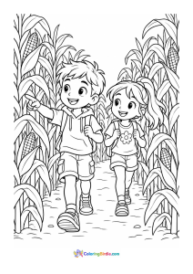 Children walking through a corn maze fall coloring page