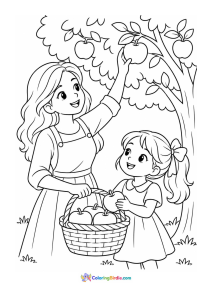 Mom and daughter apple picking in an orchard fall coloring page